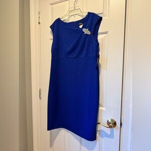 SLNY Cobalt Blue Midi Dress with Jewel Accent